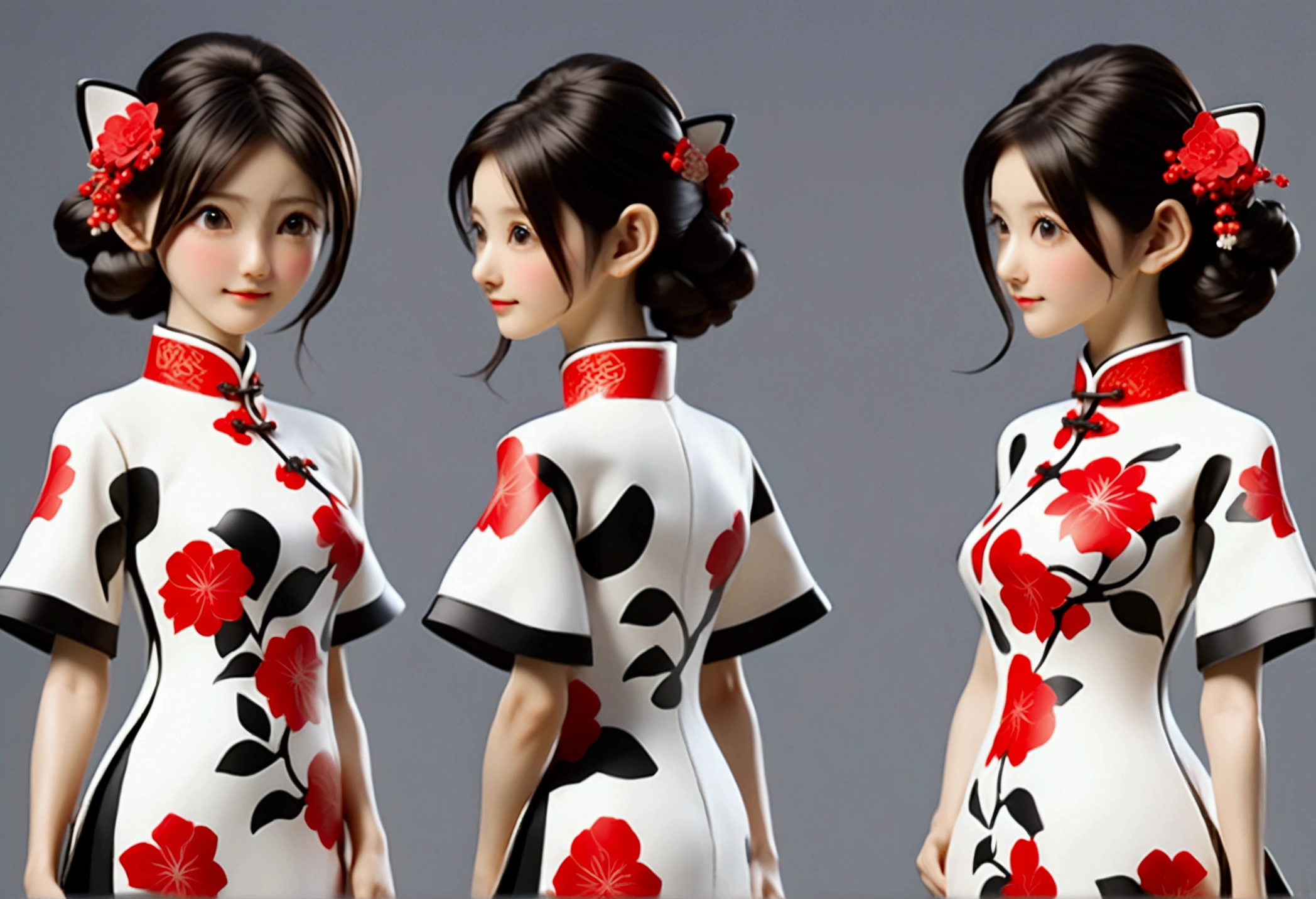 (((Mostrando la vista frontal del mismo diseño de figura IP de personaje 3D、Vista lateral、Vista trasera:1.5)))，Chica joven de moda，Vistiendo un moderno cheongsam teñido con tinta，Cheongsam de seda Atles de colores mezclados en blanco y negro con tinta，Cheongsam tótem uigur，Patrón de buganvilla roja，Estilo cheongsam que combina etnicidad y moda.，patrón retro chino，Lindo patrón floral，mangas de avión，mangas anchas，Mangas de globo，Mangas de pipa，Crea personajes de tendencia nacional en 3D.，Patrón delicado de buganvilla，Integración cultural multiétnica，Estilo chino tridimensional，Diseño de figura IP de personaje 3D de estilo chino.，Rostro ovalado perfectamente proporcionado，Textura de calidad ultraalta a nivel de película，iluminación global，（Estilo de cuerpo completo），((El mismo diseño de figura IP de personaje en 3D con la misma ropa y accesorios desde múltiples perspectivas，Vista frontal del mismo diseño de figura IP de personaje 3D，同一个3D人物IP手办设计的Vista lateral，同一个3D人物IP手办设计的Vista trasera))，
