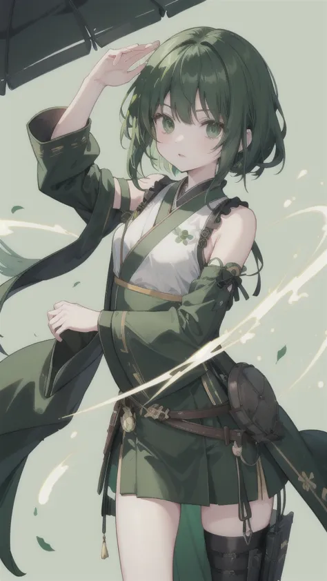 green black hair，dark green eyes，green hanfu and black armor，turtle