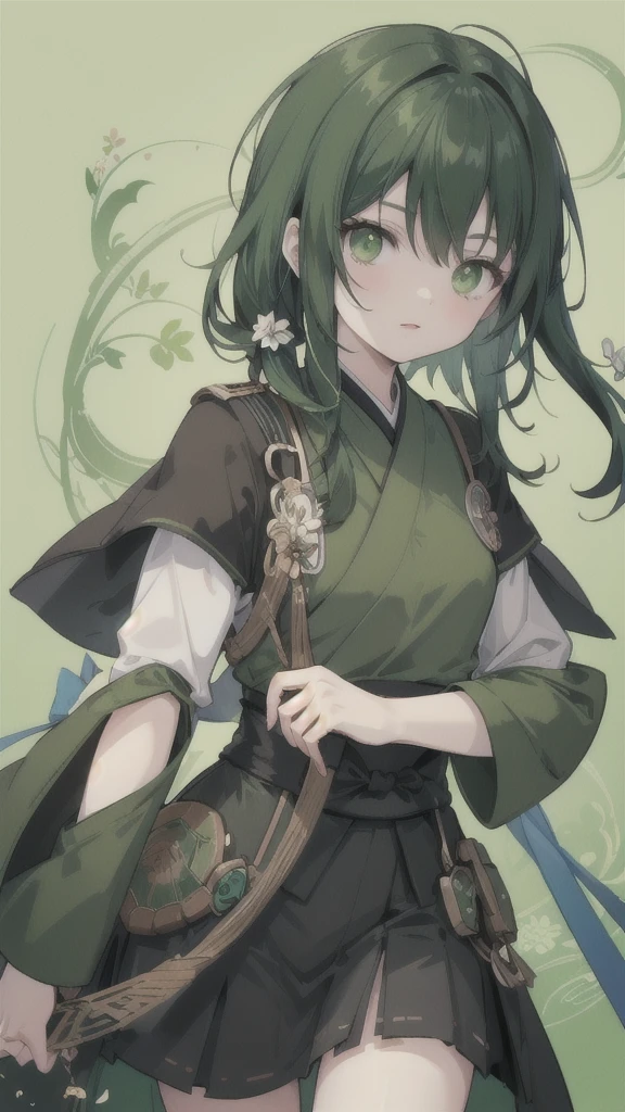 green black hair，dark green eyes，Green Hanfu and black armor，turtle