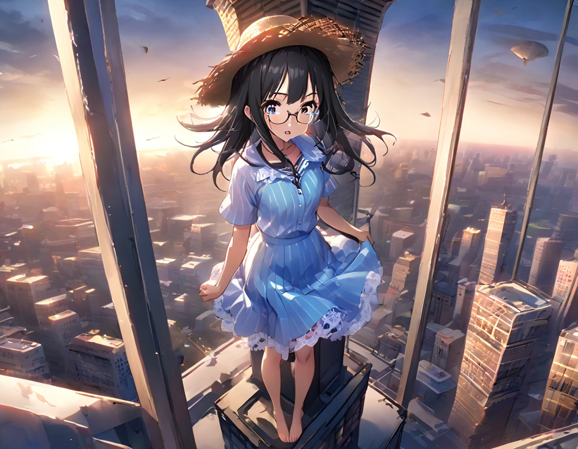 White and light blue striped shirt、Light blue long flared skirt、The wind blows and my skirt flips up、Showing off cute white lace underwear、barefoot、Long Black Hair、Glasses、Straw hat、Standing at the top of a very tall tower