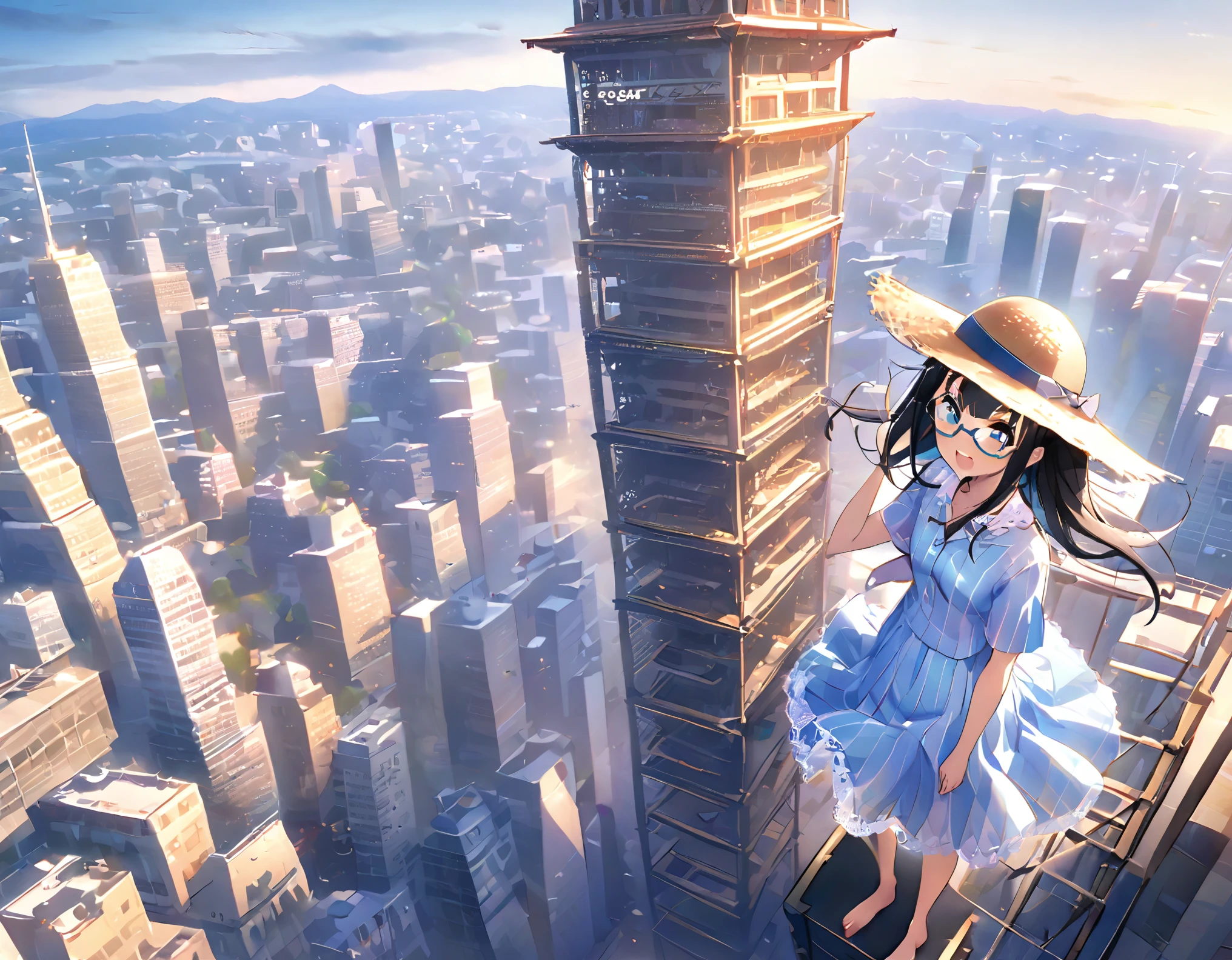 White and light blue striped shirt、Light blue long flared skirt、The wind blows and my skirt flips up、Showing off cute white lace underwear、barefoot、Long Black Hair、Glasses、Straw hat、Standing at the top of a very tall tower