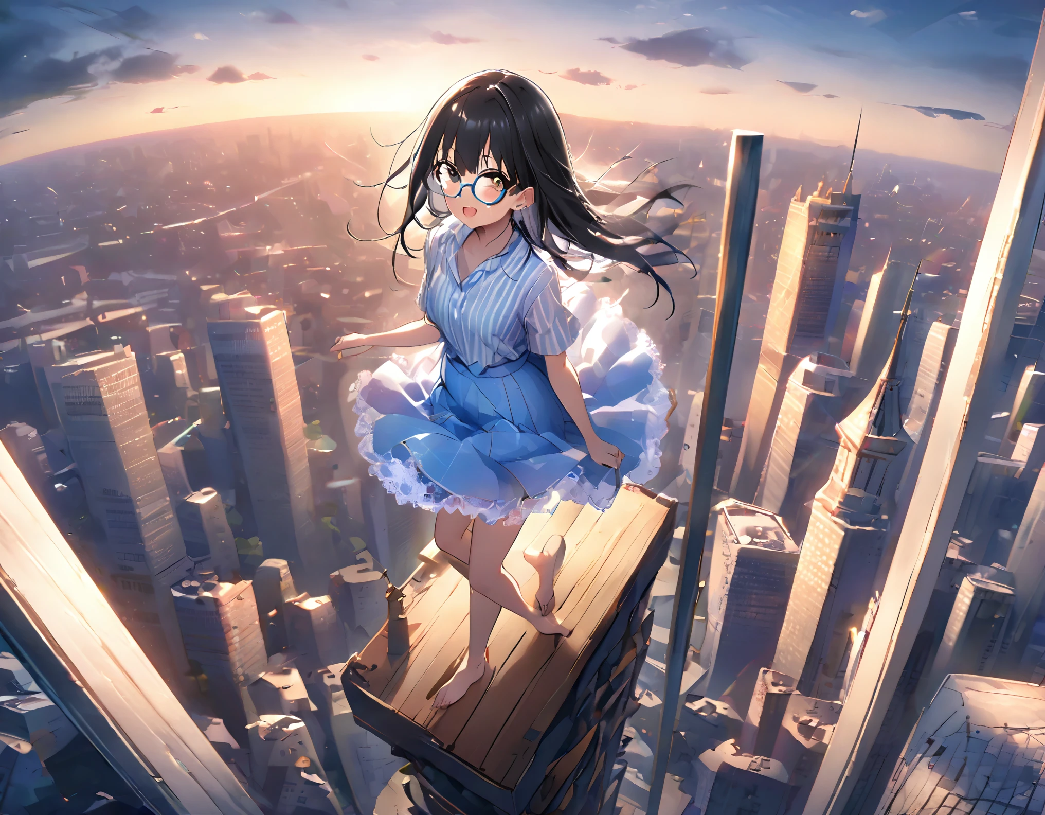 White and light blue striped shirt、Light blue long flared skirt、The wind blows and my skirt flips up、Showing off cute white lace underwear、barefoot、Long Black Hair、Glasses、Straw hat、Standing at the top of a very tall tower