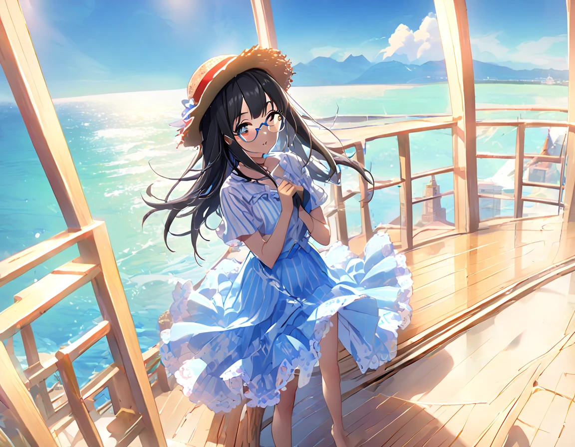 White and light blue striped shirt、Light blue long flared skirt、The wind blows and my skirt flips up、Showing off cute white lace underwear、barefoot、Long Black Hair、Glasses、Straw hat、Standing at the top of a very tall tower、The sea stretches to the horizon、Sea and blue sky