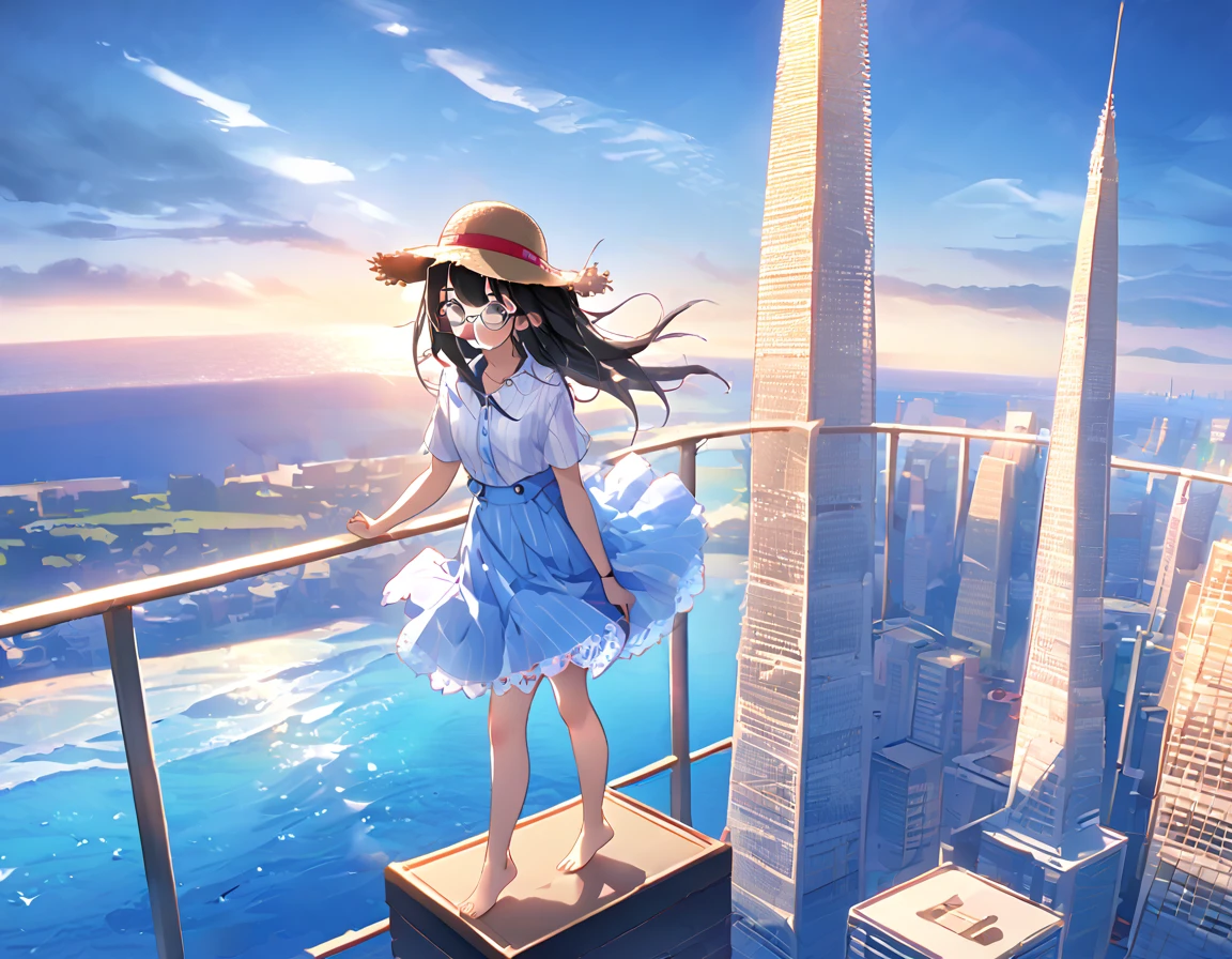 White and light blue striped shirt、Light blue long flared skirt、The wind blows and my skirt flips up、Showing off cute white lace underwear、barefoot、Long Black Hair、Glasses、Straw hat、Standing at the top of a very tall tower、The sea stretches to the horizon、Sea and blue sky