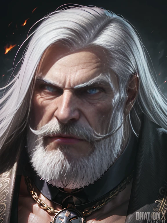 (evil man:1.1, sexy, strong, very gigantic, monumental, colossal:1.1, growing, bigger than the universe, blue eyes, wrinkles, veins, long gray hair, thick gray moustache, full gray beard, crushing planets with his muscles, swallowing planets whole), oil painting, detailed facial features, intense gaze, muscular build, rugged appearance, dark and sinister atmosphere, fiery red color palette, dramatic lighting, Long gray hair, bushy gray eyebrows, black skin, dark olive skin color, blue eyes, nose with pronounced bridge and outward curve that protrudes from the base of the nose, oiled skin, absurdly huge nose, hawk nose, big old man nose, convex nose, well groomed moustache, (80 years old daddy), enormous nose, eagle like nose, veins, sharp well groomed beard
