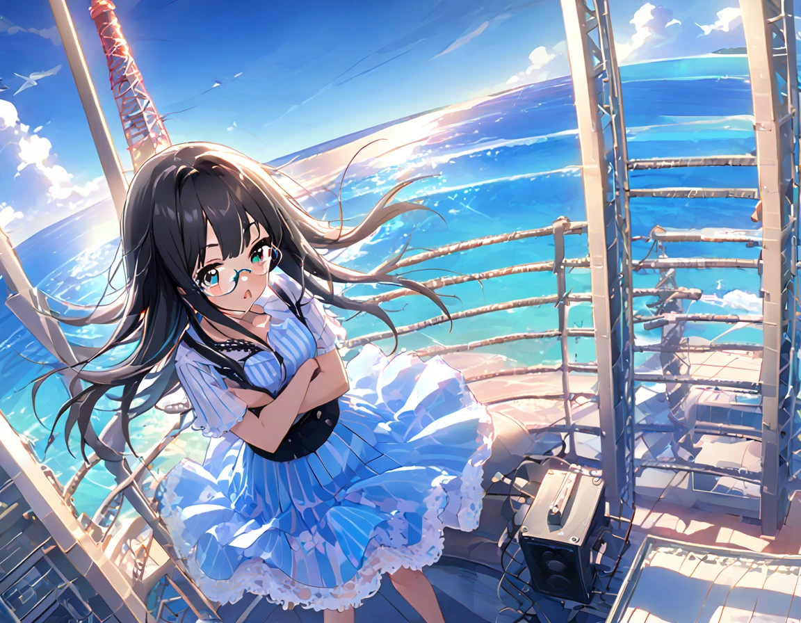 White and light blue striped shirt、Light blue long flared skirt、The wind blows and my skirt flips up、Showing off cute white lace underwear、barefoot、Long Black Hair、Glasses、Straw hat、Standing at the top of a very tall radio tower、Surrounded by the sea、The sea stretches to the horizon、Sea and blue sky