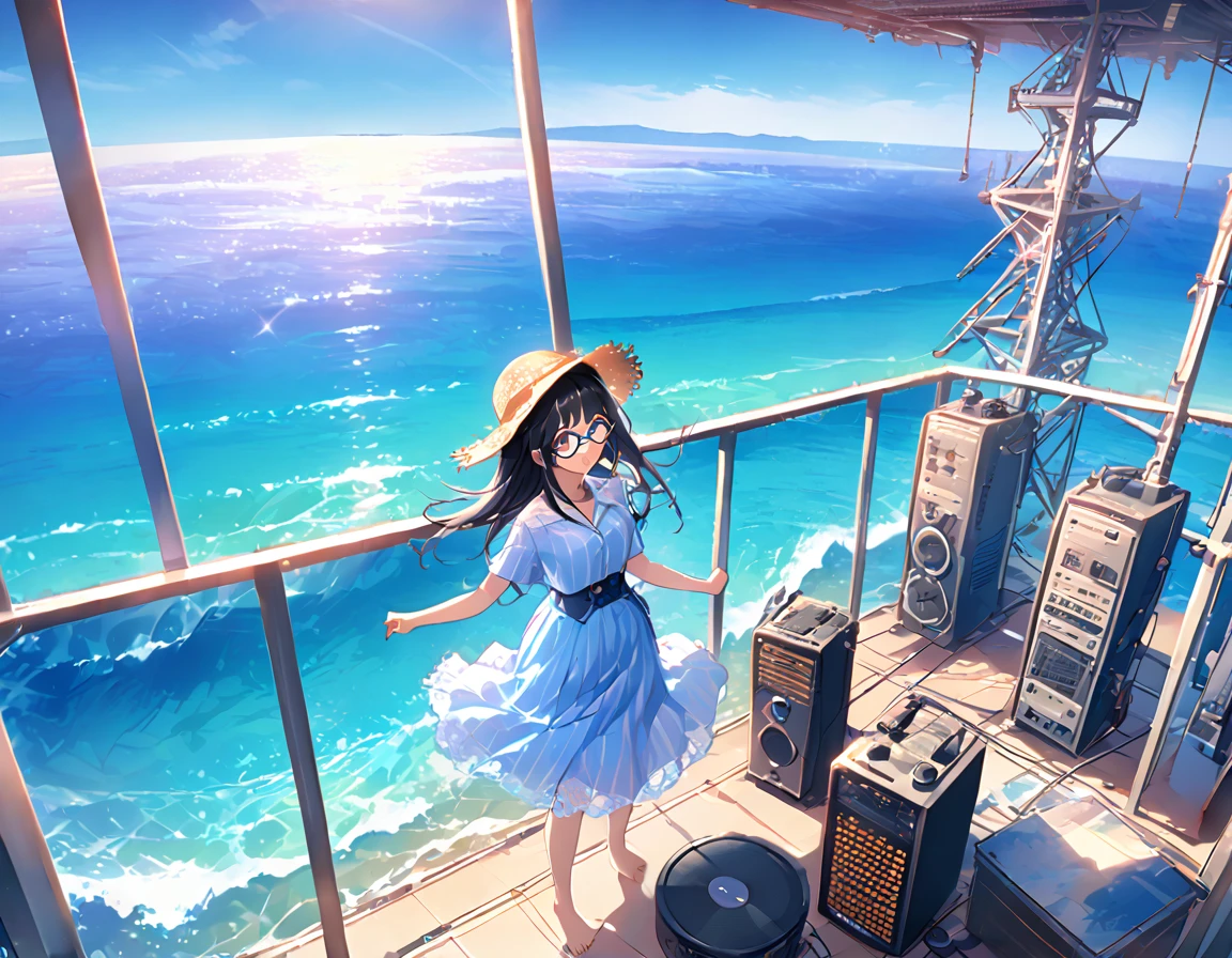 White and light blue striped shirt、Light blue long flared skirt、The wind blows and my skirt flips up、Showing off cute white lace underwear、barefoot、Long Black Hair、Glasses、Straw hat、Standing at the top of a very tall radio tower、Surrounded by the sea、The sea stretches to the horizon、Sea and blue sky