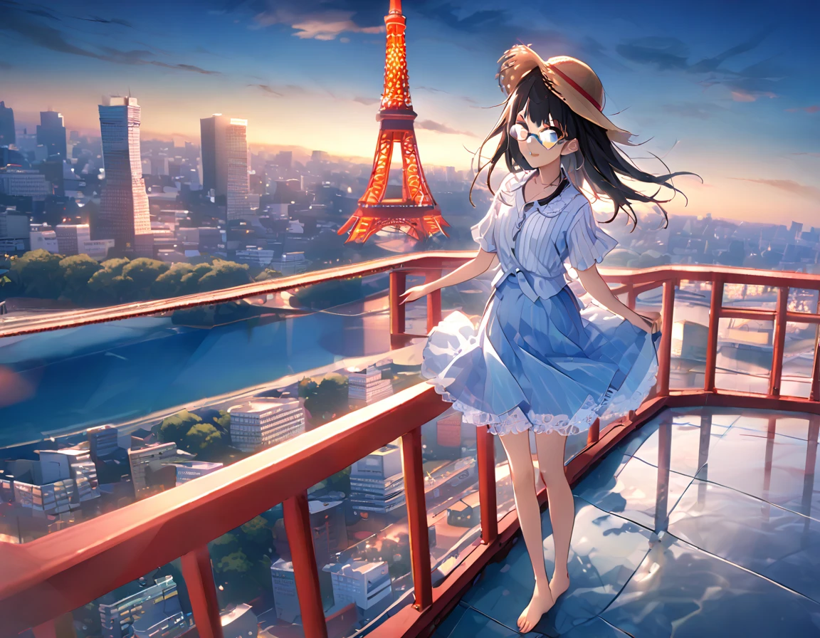 White and light blue striped shirt、Light blue long flared skirt、The wind blows and my skirt flips up、Showing off cute white lace underwear、barefoot、Long Black Hair、Glasses、Straw hat、Standing at the top of Tokyo Tower、Surrounded by the sea、The sea stretches to the horizon、Sea and blue sky