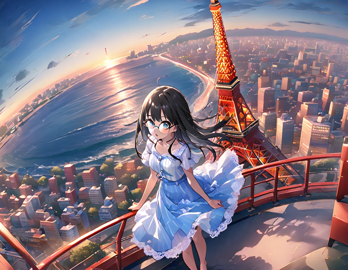 White and light blue striped shirt、Light blue long flared skirt、The wind blows and my skirt flips up、Showing off cute white lace underwear、barefoot、Long Black Hair、Glasses、Straw hat、Standing at the top of Tokyo Tower、Surrounded by the sea、The sea stretches to the horizon、Sea and blue sky