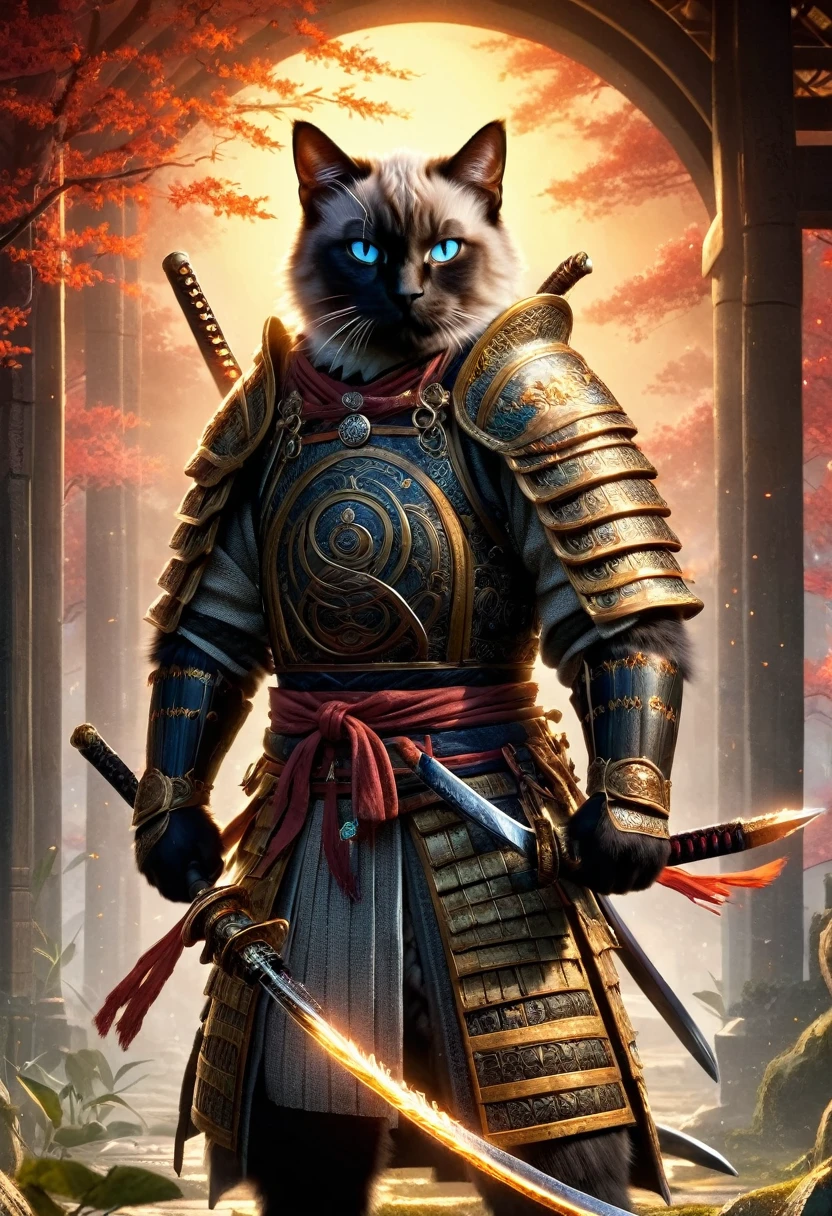 Official Art, Unified 8k wallpaper, Very detailed, Beautiful and beautiful, masterpiece, Highest quality, To the movies《Lord of the Ring》Styles，Actual scene，Epic war scenes，(Siamese Cat Samurai:1.4)，(whole body:1.2), Wearing elaborate armor，Has a long sword，In combat，Japanese Background，Cool colors，texture，Ray Tracing，