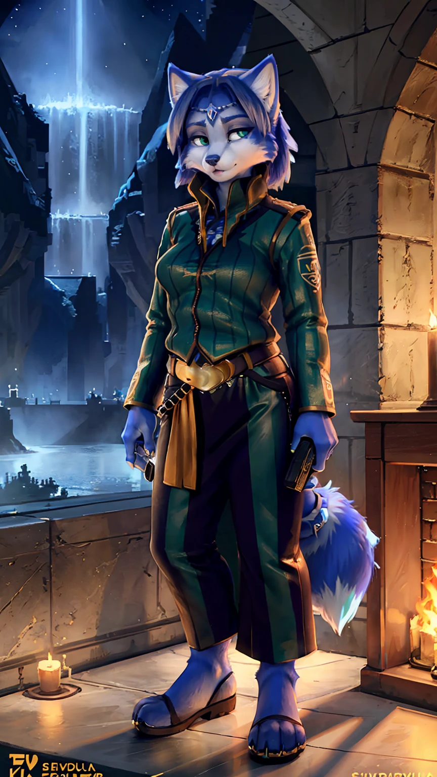 A beautiful and detailed (sweet picture) wa ((krystal)), Star Fox Krystal,  green eyes, medium breasts, (((Long blue hair 1.3))),  anthro, furry, (wa Fluff-Kevlar, Bayard Wu, personalize me, Pino Daeni),  detailed fluffy fur, detailed face, (fluffy), 1 girl, alone, hair cover one eye:1.4, wears tribal clothing with leather armor, wears tribal top with leather armor, steht in der großen halle wa hogwarts:1.4, (((she stands next to severus snape:1.3)))