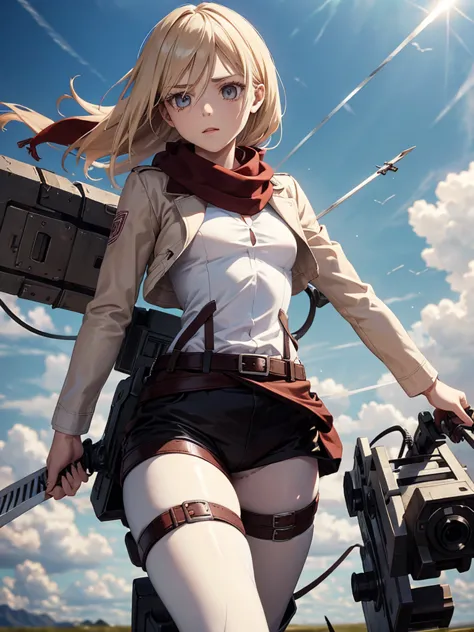 historia, pantie tug, small breasts, , belt, thigh strap, red scarf, white pants, brown jacket, long sleeves, holding weapon, sw...