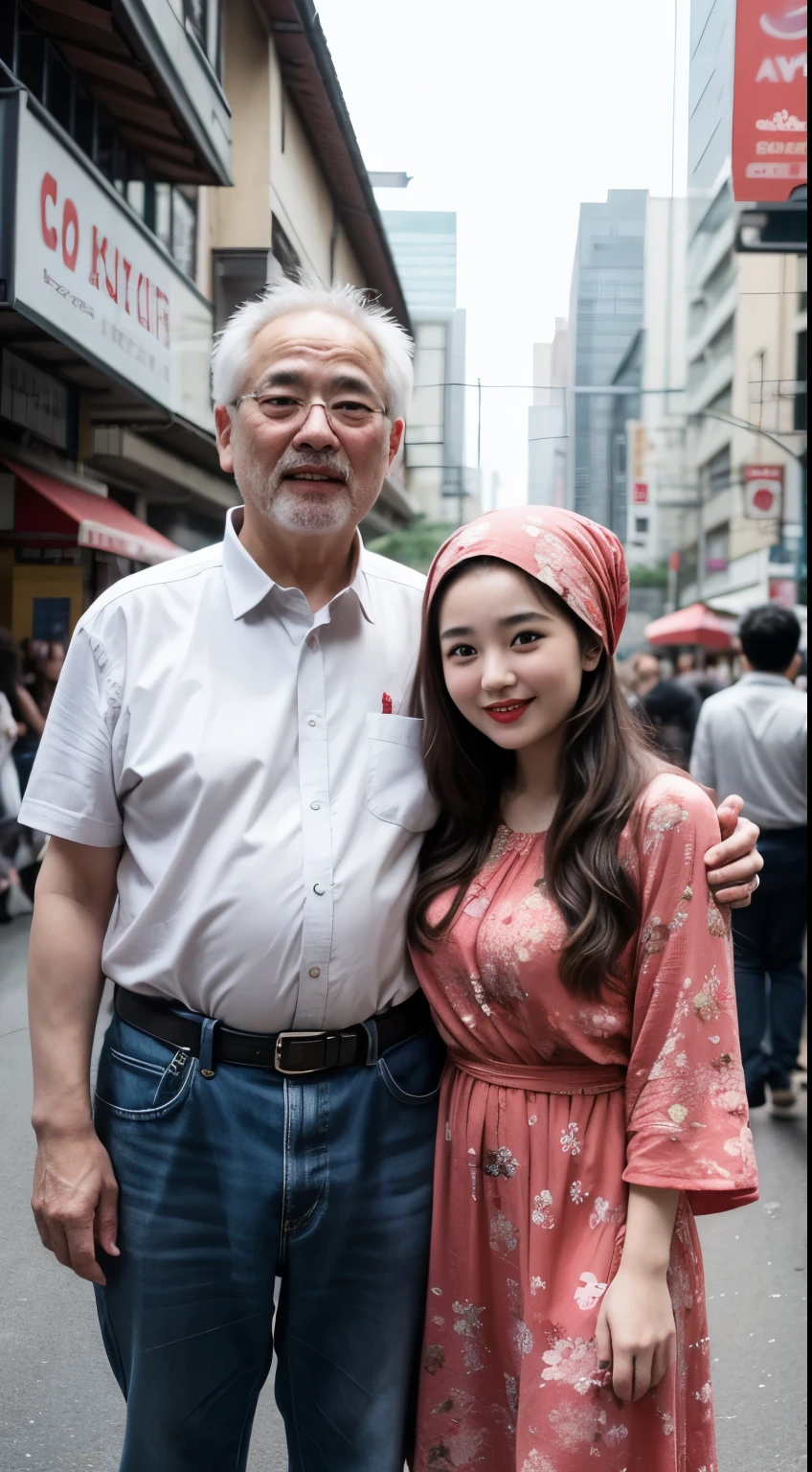 Korean beautiful young girl couple with old man, young girl as wife, Old man as her husband, young girl hug Old man, Young girl wearing Red Hijab flower pattern, young girl red lips, Young girl with old man naked stands in street city building.