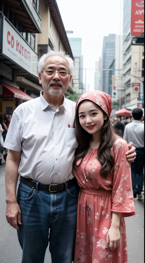 Korean beautiful young girl couple with old man, young girl as wife, Old man as her husband, young girl hug Old man, Young girl ...