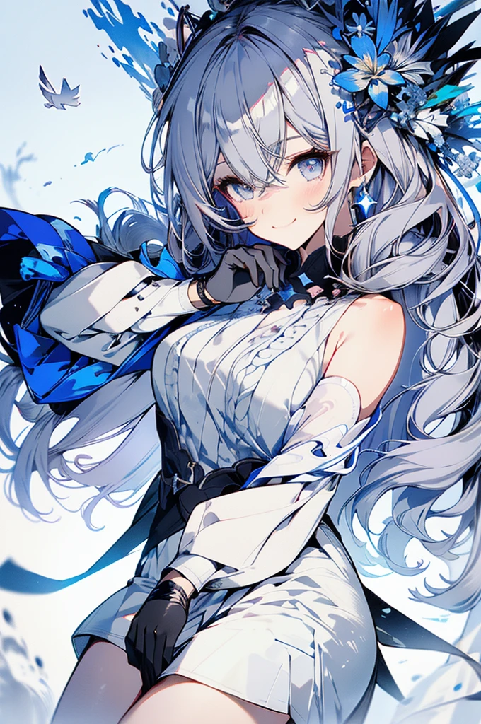 "(Highest quality,High resolution:1.2), Cute Smile, Unusual Point of View, White sweater, Medium Shot, Color decomposition color, shoulder, blush, (Gray Hair), White gloves, White boots, Blue Iris"，star空の背景，star