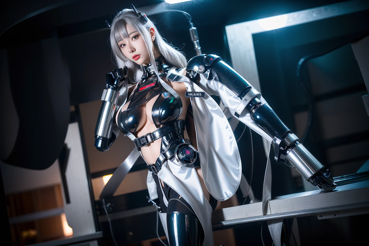 Super Detail, High Detail, high quality, best quality, High resolution，a female robot，Beautiful female robot,beautiful clear face(Rain waves_haneame：1.5)，mechanical body(whole body，body curve，Large size chest)，silver machine armor(Heavy，Full of mechanical feel)，high tech，Military