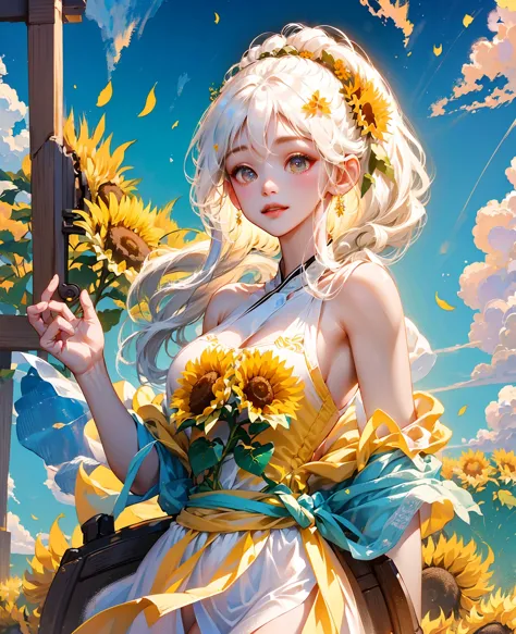 tmasterpiece， （oil painting texture），one-girl，white hair，sunflowers are worn on the head， floating in sky，white slip dress， full...