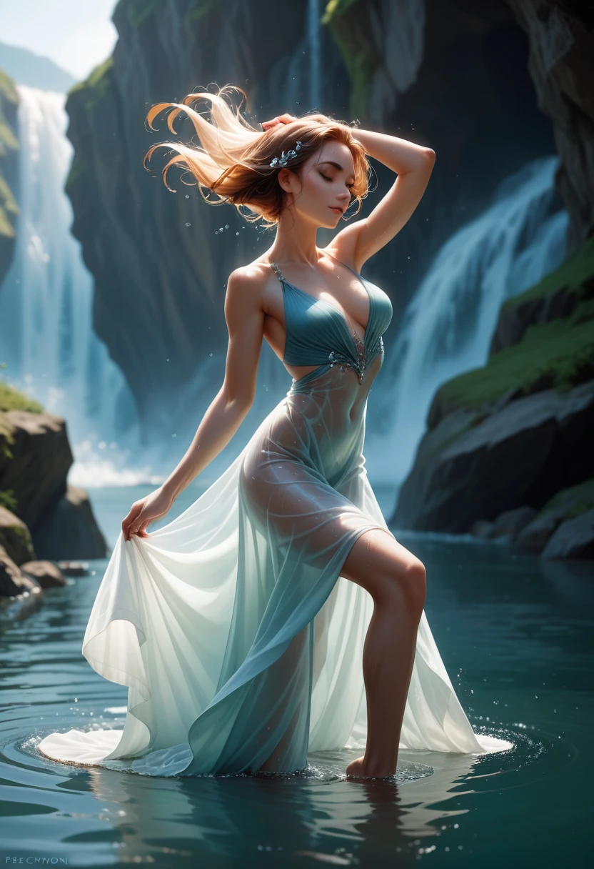 beautiful woman, perfect body, dancing in the water, perfecr definition skin, water dress