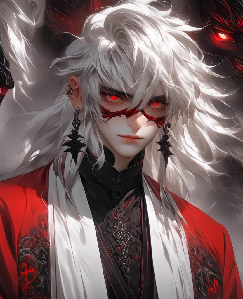 White hair, red eyes, mask, red clothes, young man