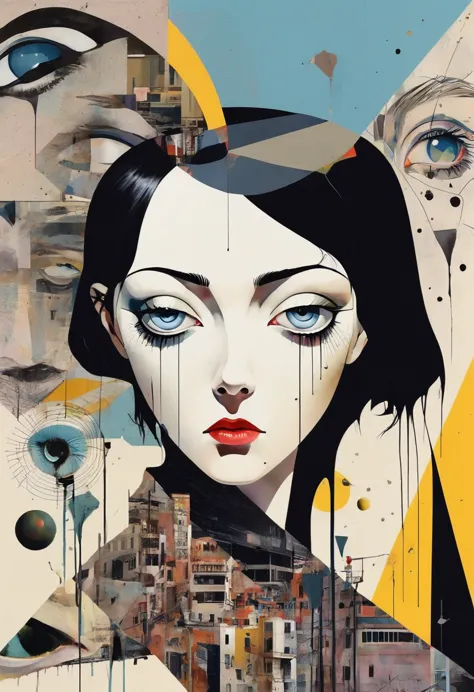 aeon flux themed, surreal and strange dislocation art：collage, there are many different things on the faces, somber colors, geom...