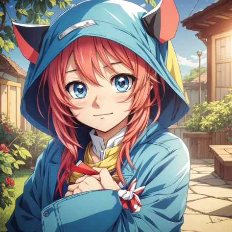 make me a picture of a handsome anime guy, short hair and blue color hair, and red hodie