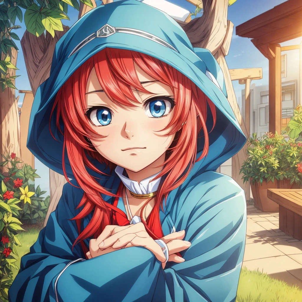 Make me a picture of a handsome anime guy, Short hair and blue color hair, and red hodie