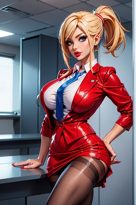 blue tie, office red skirt, white shirt and red suit jacket, red heels, ponytail blonde hair, bimbo, red lips, pantyhose.