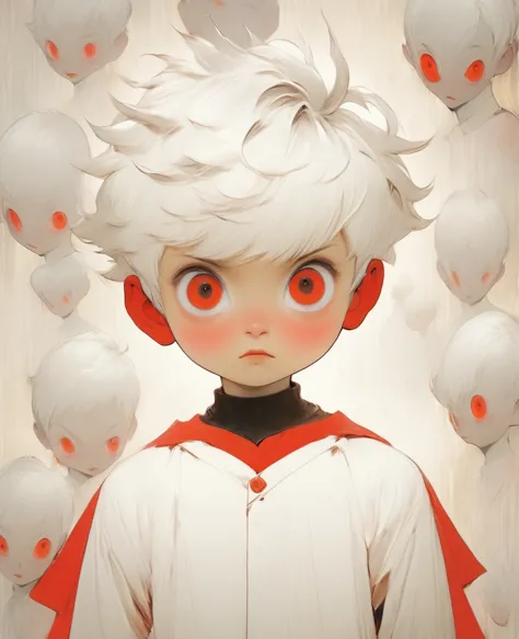 young boy, short white hair, red eyes, naive look, simple red clothes