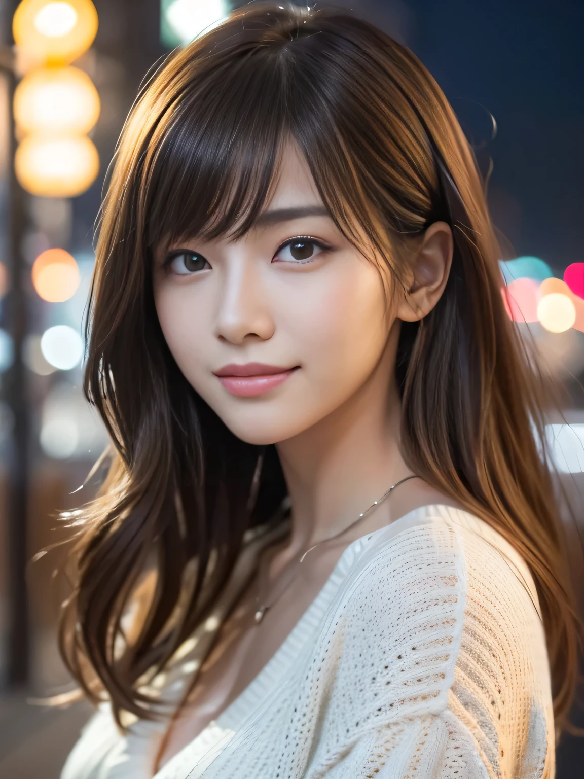 masterpiece, best quality, ultra-detailed, intricately detailed hyperdetailed, realistic, sharp features, highly detailed, sharp focus, Realistic, Photorealistic:1.3, perfect face, perfect symmetrically eyes, perfect full lips, hyper detailed, hyper realistic, high resolution, Fashion Model, Attractive Japanese Idols, (19 years old:1.3), Slender, Stylish, model poses, Beautiful Face, light brown hair, messy hair, asymmetrical bangs, (seductive smile:1.2), (looking at viewer), cinematic lighting, downtown at night, White knit