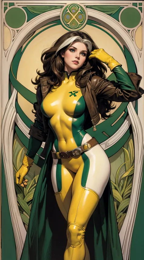 (masterpiece:1.0), (best_quality:1.2), Classic Rogue, 1991 Rogue X-Men, 1 girl, Only 1, full body view, medium length hair, brow...