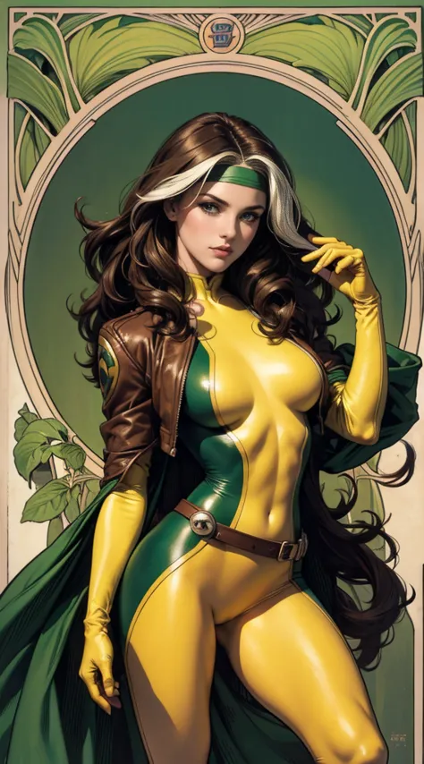 (masterpiece:1.0), (best_quality:1.2), Classic Rogue, 1991 Rogue X-Men, 1 girl, Only 1, full body view, medium length hair, brow...