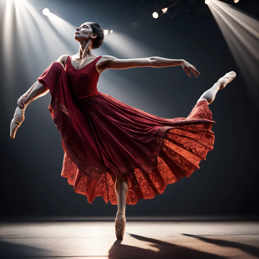 A beautiful elegant female dancer, delicate intricate ballet dancer, graceful flowing movements, pirouetting on stage, long flowing dress, dramatic lighting, cinematic camera angle, hyperrealistic, 8k, high resolution, masterpiece, cinematic, dramatic colors, chiaroscuro lighting