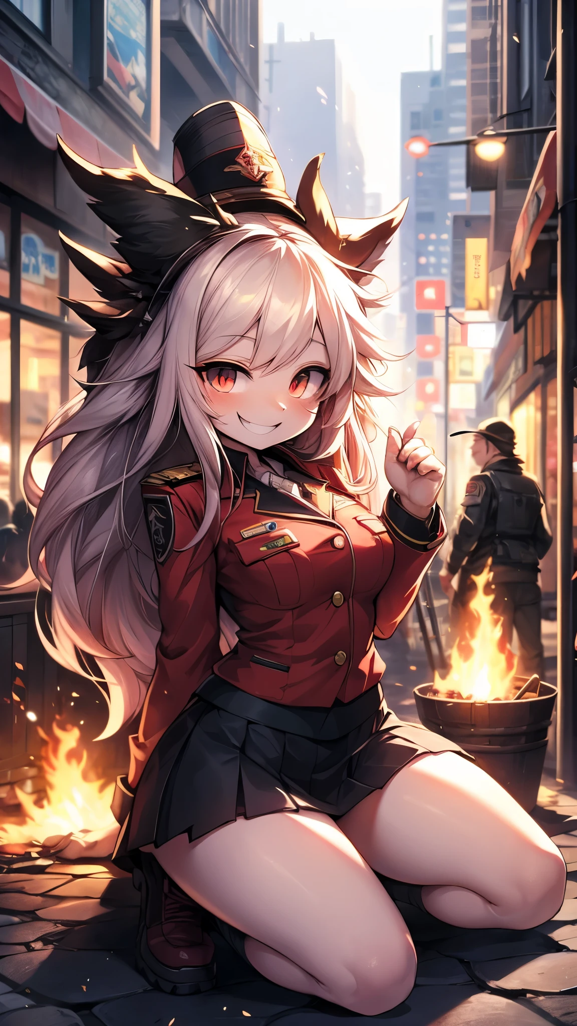 masterpiece, Top quality, Background with ruined city and fire, Anime girl kneeling on the ground, White Nazi SS, 4k comics wallpaper, bleach, Insecticide, Shatir Bloodfall, Bad guy anime 8k, gapmoe Yendre, Yendre, Albedo from the anime Overlord, Creepy smile, Laughing, A smile with sharp corners, Black long hair, White mini skirt, White long-sleeved military uniform