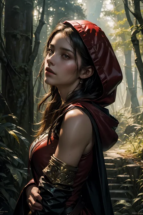 close-up portrait of NewLaraCroft in a forest, (contra-luz), realisitic, work of art, highest quality, ((red hooded cape)), ((sc...
