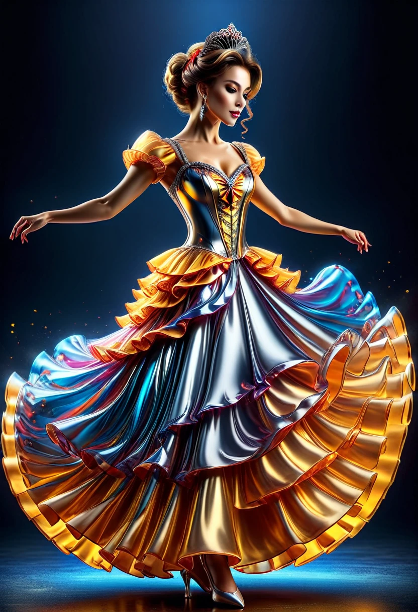 a ((liquid metal portrait: 1.5)) of woman ballroom dancer, a full body picture ((anatomically correct: 1.5)) ultra detailed face,  dynamic hair color, dynamic hair style, dynamic skin complexion, best detailed face, of a exquisite beautiful female ballroom dancer, she is wearing a (colorful ballroom dress: 1.3), best detailed dress, colorful dress, multicores dress, royal fantasy ballroom background, ais-moltenz, artxldnc, ba11g0wnת princess dress