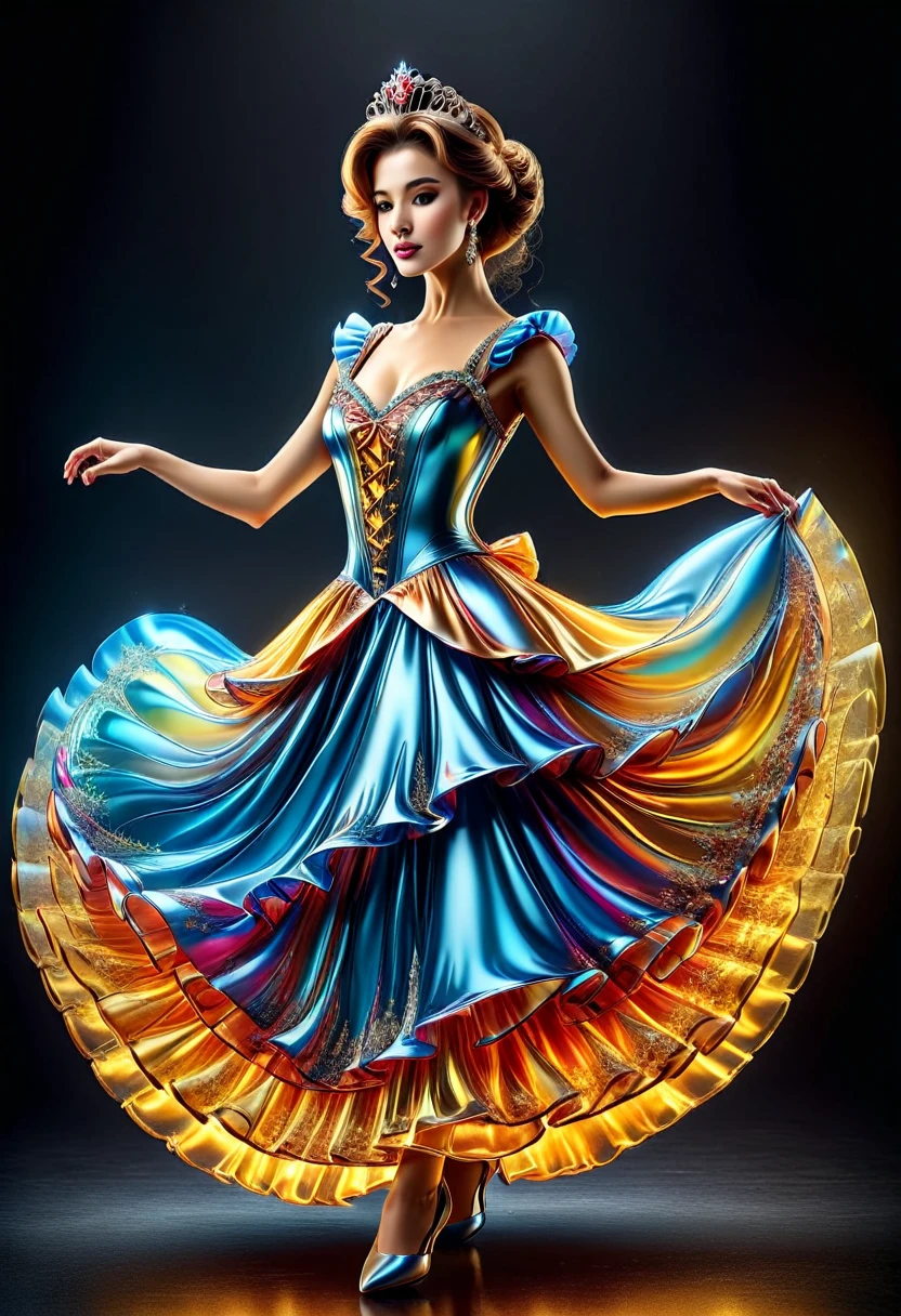 a ((liquid metal portrait: 1.5)) of woman ballroom dancer, a full body picture ((anatomically correct: 1.5)) ultra detailed face,  dynamic hair color, dynamic hair style, dynamic skin complexion, best detailed face, of a exquisite beautiful female ballroom dancer, she is wearing a (colorful ballroom dress: 1.3), best detailed dress, colorful dress, multicores dress, royal fantasy ballroom background, ais-moltenz, artxldnc, ba11g0wnת princess dress