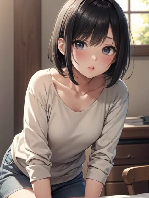 high resolution, masterpiece, ruka sarashina, short hair, black hair, (solo), 1 girl, cute, interior, extremely detailed eyes, (...