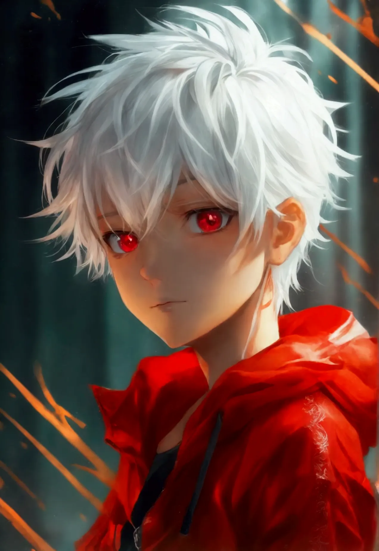 boy 17 years old, short white hair, playful look, red eyes, simple red clothes, cute, manipulative