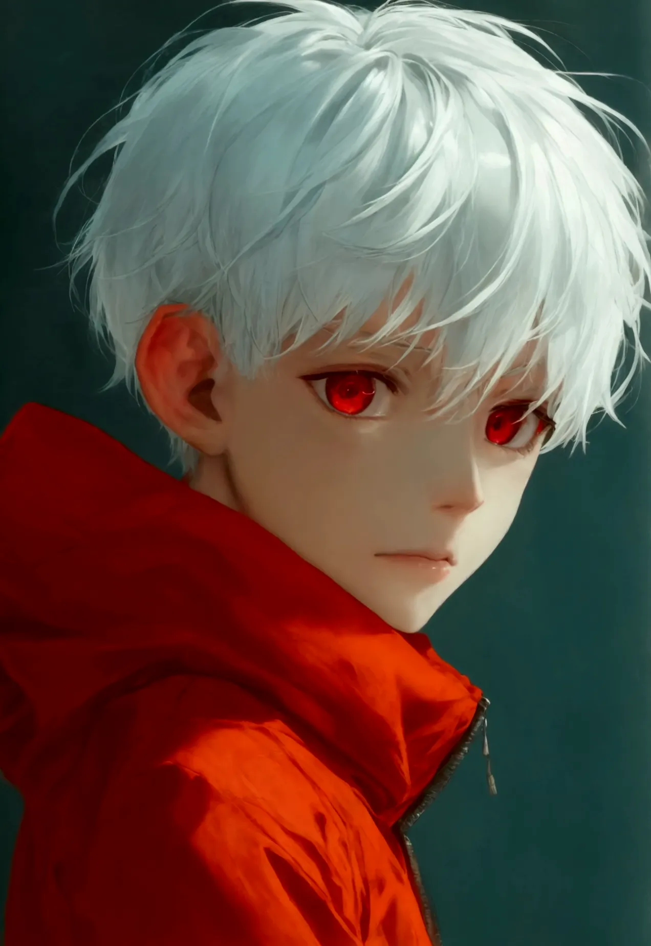 boy 17 years old, short white hair, playful look, red eyes, simple red clothes, cute, manipulative