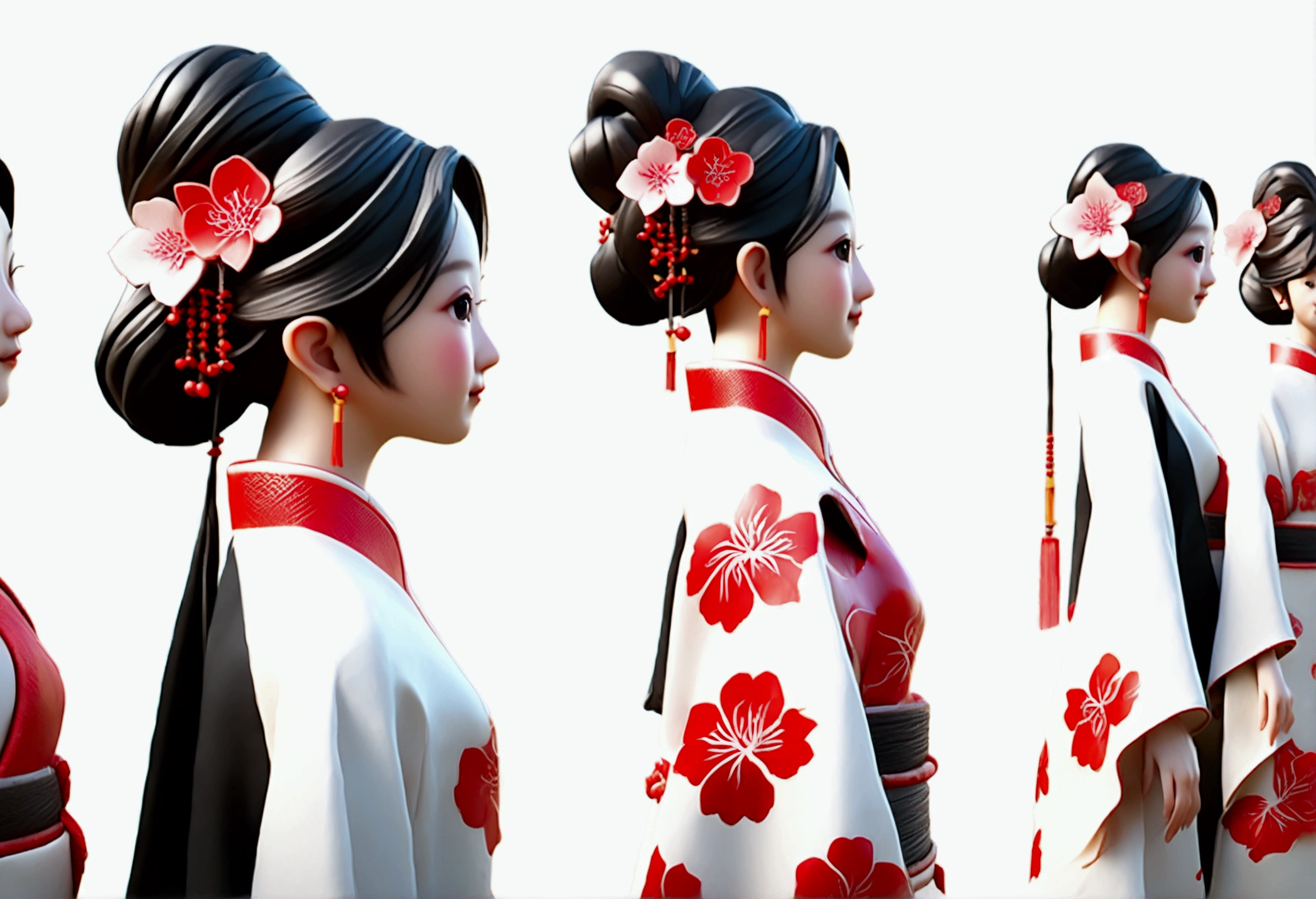 (((Showing the front view of the same 3D character IP figurine design、Side View、Rear view:1.5)))，Young fashionable girl，Wearing a fashionable ink-dyed cheongsam，Ink black and white mixed color Atles silk cheongsam，Uyghur totem cheongsam，Red bougainvillea pattern，Cheongsam style combining ethnicity and fashion，Chinese retro pattern，Cute floral pattern，airplane sleeves，Wide sleeves，Balloon sleeves，Pipa sleeves，Create 3D national trend characters，Delicate bougainvillea pattern，Multi-ethnic cultural integration，Three-dimensional Chinese style，Chinese style 3D character IP figure design，Perfectly proportioned oval face，Film-level ultra-high quality texture，Global Illumination，（Full body styling），((The same 3D character IP figure design with the same clothing and accessories from multiple perspectives，Front view of the same 3D character IP figurine design，同一个3D人物IP手办设计的Side View，同一个3D人物IP手办设计的Rear view))，
