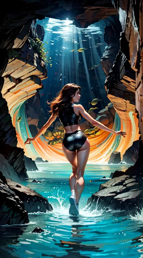 not frank cho style, whole body, 20 years – ((high definition)), ((4k)), ((mulher das cavernas)) swimming towards the viewer, lo...