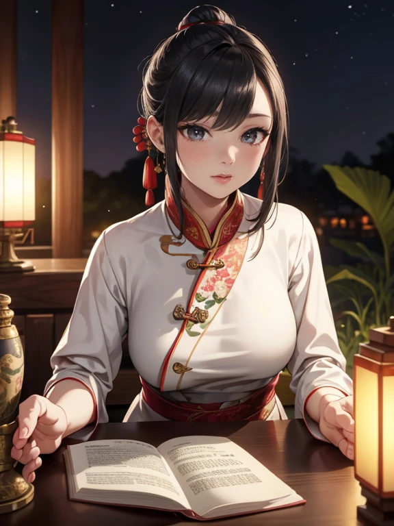 a beautiful young woman in traditional chinese dress sitting at a low table in an ancient walled garden at night, reading an ancient chinese book under the light of a lamp, holding a pen in her right hand and her left hand resting on the table, masterpiece, realistic, 4k, extremely detailed, beautiful large eyes