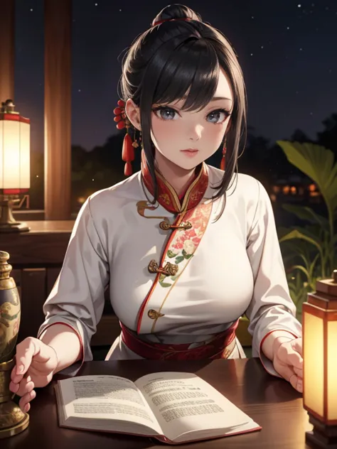 a beautiful young woman in traditional chinese dress sitting at a low table in an ancient walled garden at night, reading an anc...