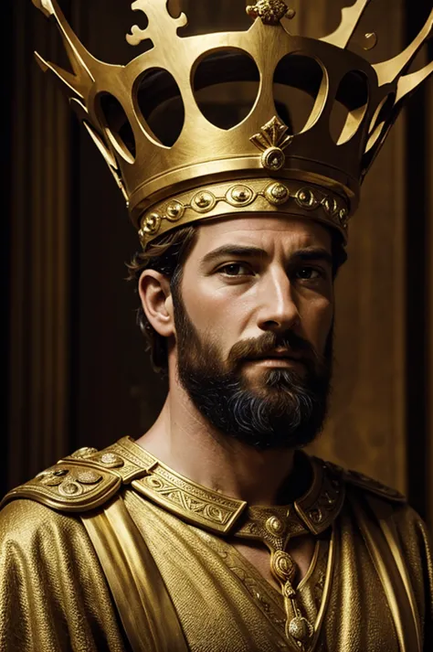 A realistic portrait of King David with a golden crown, seen from the front, film scene
