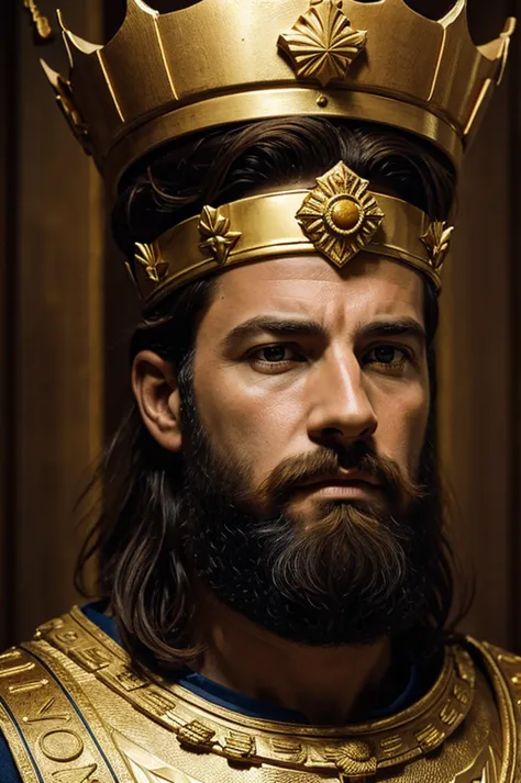 a realistic portrait of king david with a golden crown, seen from the front, film scene