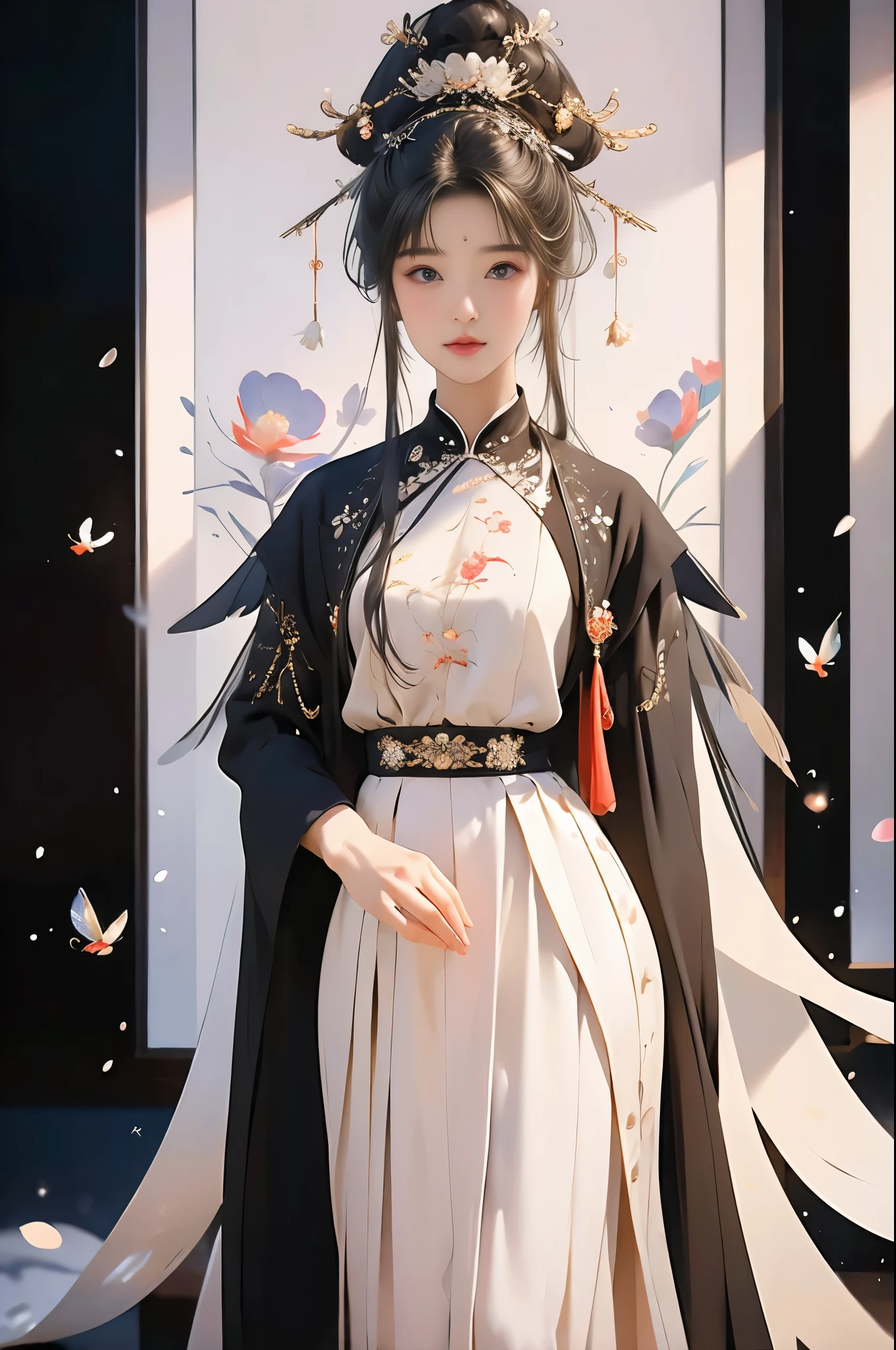 /I Chinese Miao girl, illustration style with 3 d High-precision engine rendering, Tim Walker master style, beautiful face, black crystal eyes, long eyelashes, gorgeous and complicated headdress, mainly silver ornaments, silver crested, etc., exquisite shape, short jacket, pleated skirt, embroidered with a variety of exquisite flowers, birds, fish and insects, beautiful colors, perfect lines, background water droplets, flowers, crystal clear, the combination of fantasy and reality, like a dream Mood, background abstract, 16k HD resolution, --ar 3:4 --s 400 --style raw --niji 6