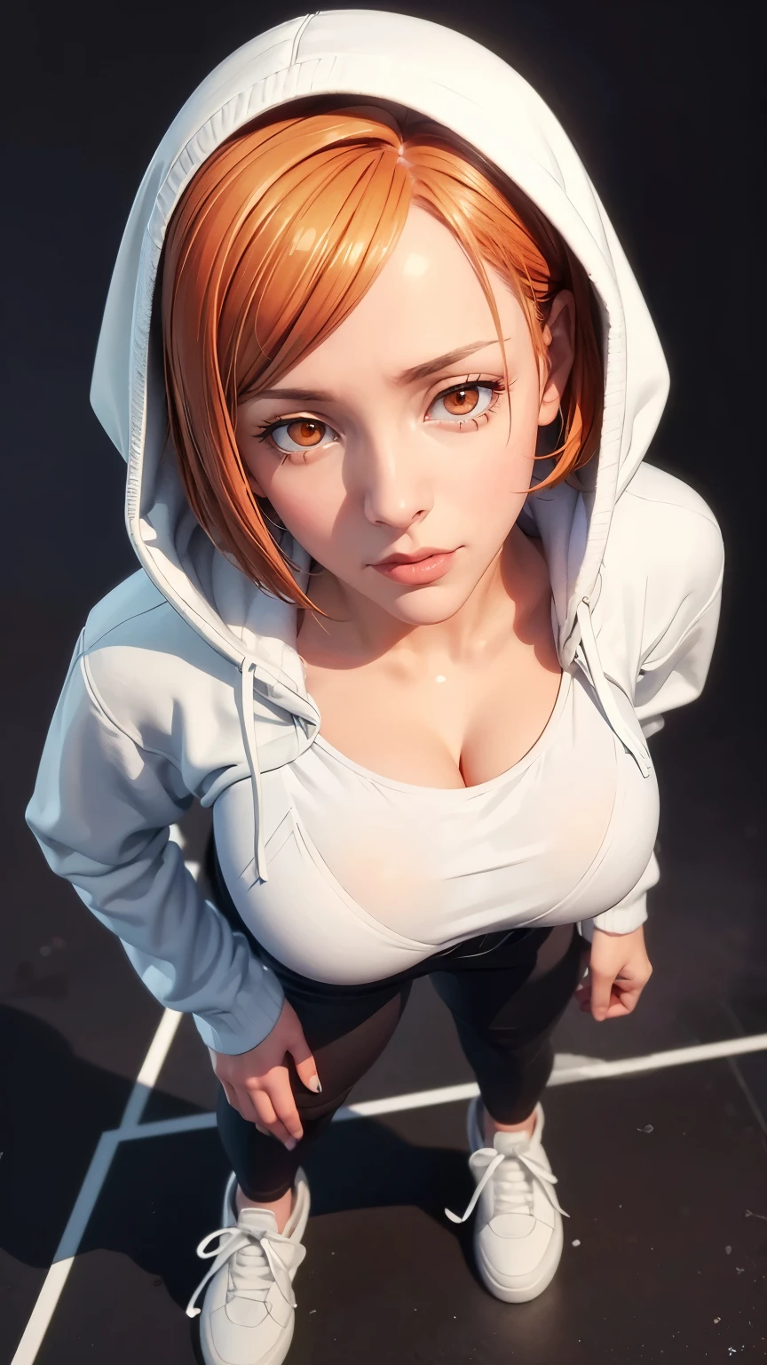 （（（Perfect figure，figure，solo， （（（A white hoodie jacket with a deep blue pattern on the shoulders, black pants, and white sneakers ））），（（（nobarakugisakinova，orange eyes，orange short hair））），((masterpiece)),high resolution, ((Best quality at best))，masterpiece，quality，Best quality，（（（ Exquisite facial features，Looking at the audience,There is light in the eyes，(（（lol，confidence））)，））），型figure:1.7））），（（（Light and shadow，Huge breasts））），（（（Looking at the camera，black background，from above，Overlooking）））