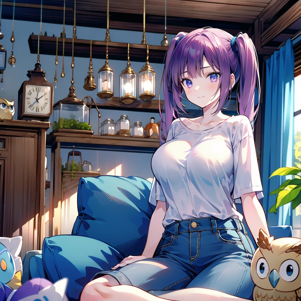 (masterpiece), (HDR), absurdres, (best quality), (ultra high quality), (hi-res), (1girl), slim, (lavender eyes), beautiful detailed eyes, teen, (dark purple hair), bangs, short side locks, (((big thick twintails))), (long straight hair), (((two gold hair ties))), ((loose t-shirt)), jeans, (medium breast), ((thin waist)), (happy expression), smile, (looking at viewer), sitting on bed, comfy bed, in a girl's bedroom, cozy bedroom, stuffed animals, plushies, ((owl stuffed animals)), daytime, sunlight on face, noon, bright sun, comfy