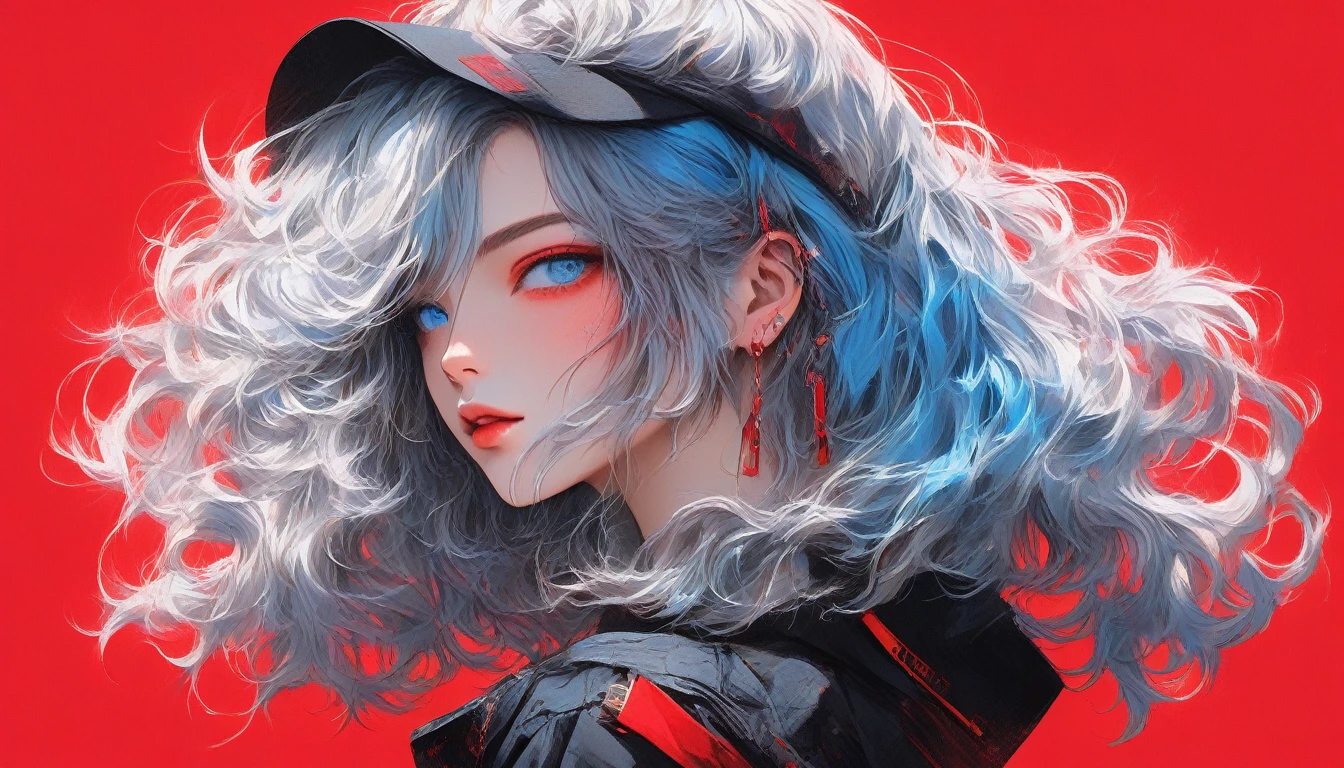 Illustrator, anime , Realistic ,sketch , 1 Girl, lip, T-shirt, order, Textured Trim, (masterpiece,Highest quality) red background, Neon hair, Textured Trim, (masterpiece,Highest quality), fine hair, sky blue hair, blue eyes, choppy hair, handsome short hair, red, Russian, very short hair