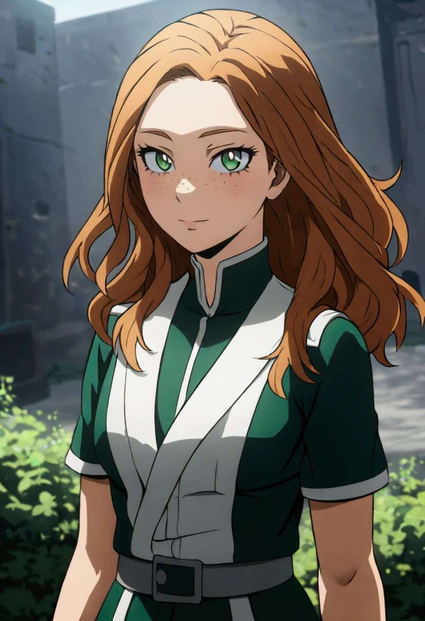 She is a 15 year old teenager, she has slightly disheveled long ginger hair, light brown eyes, with some freckles on the nose area  , fit body , anime art slyle my hero academy , (Lookingat the Viewer), sexy face , she is dressed in the anime female uniform "my hero academia", , 8k, high quality, masterpiece, , cinematic, vivid colors, shining green eyes